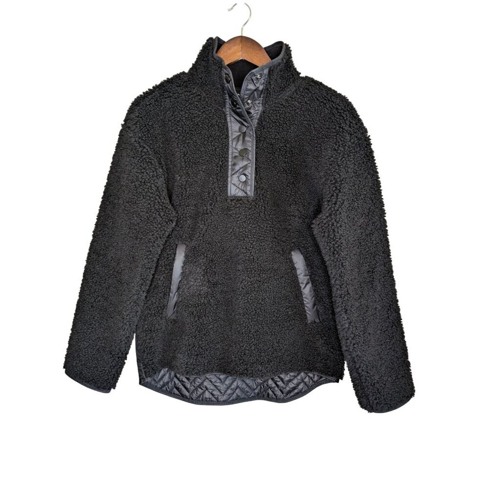 Athleta Cozy Sherpa 1/4 Snap Sweatshirt Size XS Black Teddy Fleece Pullover